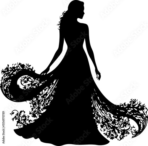 "Floral Gown Silhouette: A graceful woman in a flowing, elaborately decorated gown, her silhouette adorned with intricate floral patterns, ideal for fashion, elegance, and bridal themes."