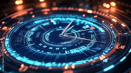 Wallpaper Mural Futuristic digital clock interface displaying vibrant blue and orange data visuals in a tech setting Torontodigital.ca