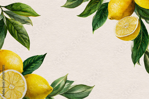 Watercolor illustration of whole and sliced lemons with green leaves arranged as a border on beige background