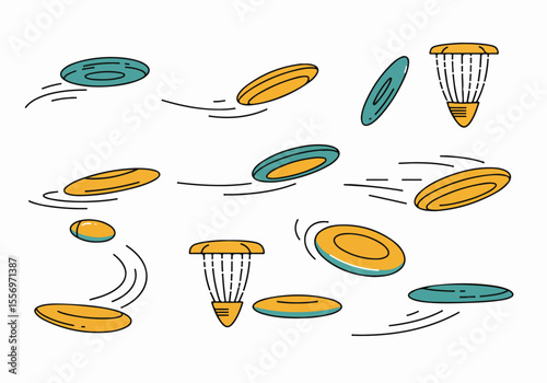 A collection of flying frisbees and disc golf baskets in a stylized illustration set against a white background.