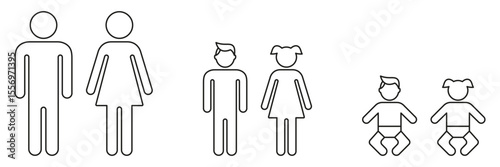 Family Members Icon Set. Different Family Stages And Generations Outline Symbol Collection. Parents, Children, And Babies. Editable Stroke. Isolated Vector Illustration