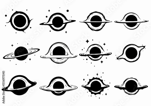 Set of twelve stylized black hole illustrations depicting various cosmic phenomena like accretion disks, event horizons, and spacetime distortion, isolated on white.