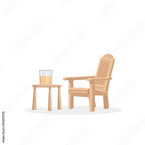 Minimalist wooden chair with glass of water on table, serene lifestyle