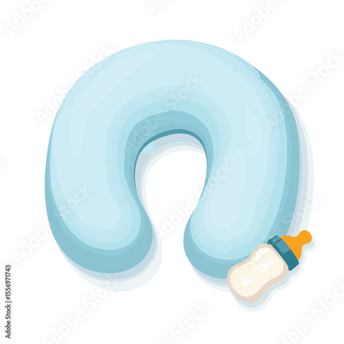 Crescent nursing pillow with baby bottle on white background, comfort