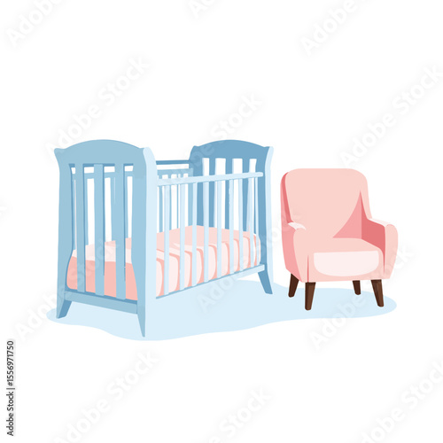 Charming baby cot and nursing chair in pastel colors, nursery decor
