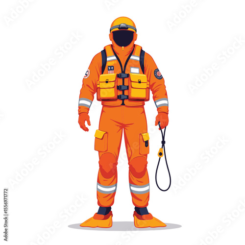 US Coast Guard rescue swimmer in bright orange gear, safety readiness