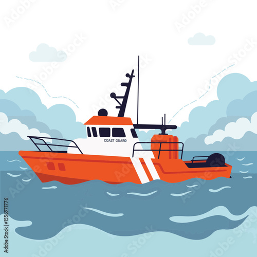 Sturdy US Coast Guard rescue boat navigating turbulent waters, safety