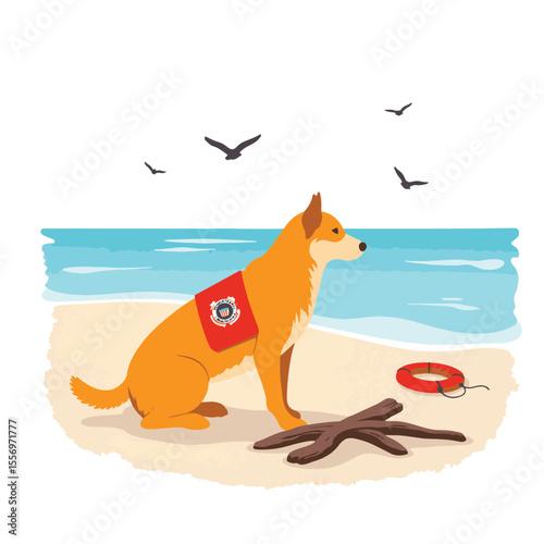Alert USCG search dog sitting on beach with lifebuoy, coastal vigilance