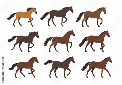 Collection of flat vector illustrations of horses in various poses, brown and bay colors, isolated on white background.