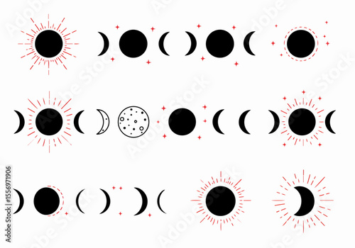 Graphic illustration set of mystical celestial elements including moon phases, sunbursts, and stars on a white background.
