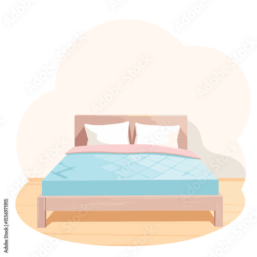 Stylized bed with pastel blanket in minimal room, cozy atmosphere