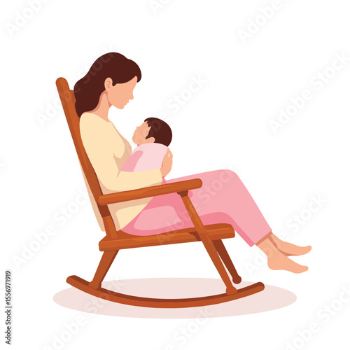 Woman lovingly nursing baby in rocking chair, tenderness and care