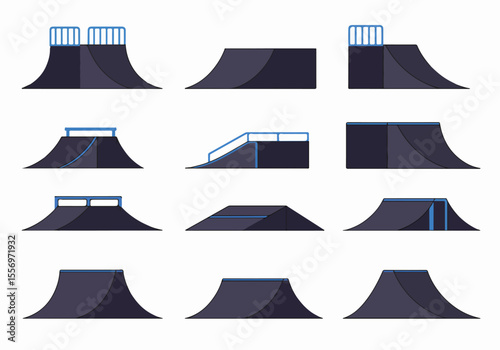Vector Illustration Set of Various Skatepark Ramps and Obstacles on White Background