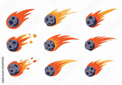 Set of Cartoon Flying Comets or Meteors with Fire Trails Illustration