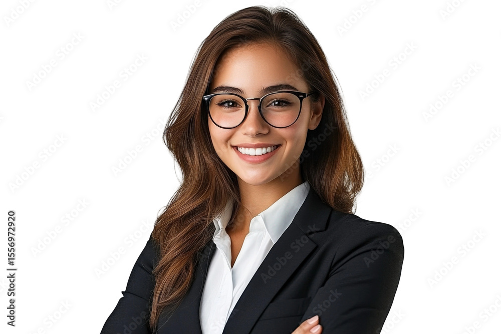 Confident young businesswoman with glasses smiling in professional attire, showcasing style and approachability in a modern corporate environment Confident young businesswoman with glasses smiling in professional attire, showcasing style and approachability in a modern corporate environment