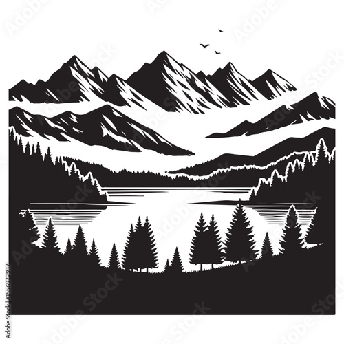 Beautiful scenery of Tatra mountains and lake in Poland silhouette vector
