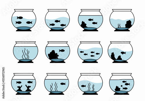 Set of various simple cartoon fishbowls with fish and decorations, illustrating different aquatic setups for pet fish.