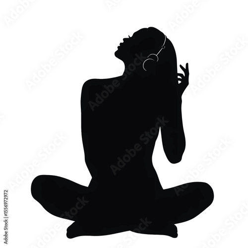 Black Silhouette Vector of Person Listening to Music with Headphones in Relaxed Pose on White Background Full HD