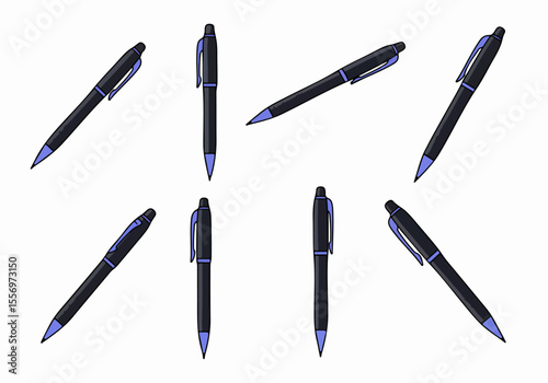 Illustration set of black pens with blue details in various orientations on a white background, perfect for design elements and stationery themes.