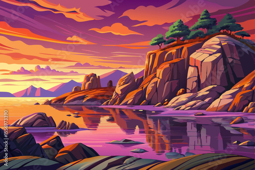 The Majestic Shores landscape of Lake Powell vector illustration at sunset time