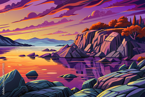 The Majestic Shores landscape of Lake Powell vector illustration at sunset time