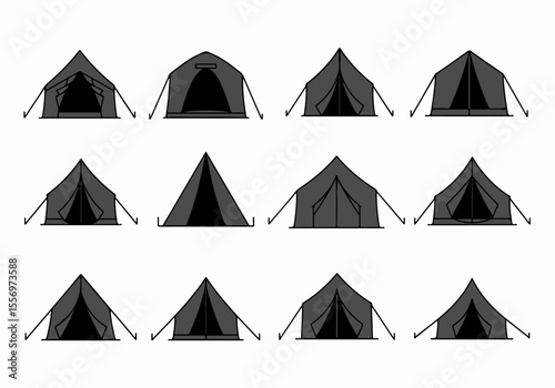 Set of simple flat illustrations of various camping tents in grey and black, isolated on a white background, representing outdoor adventure and recreation.
