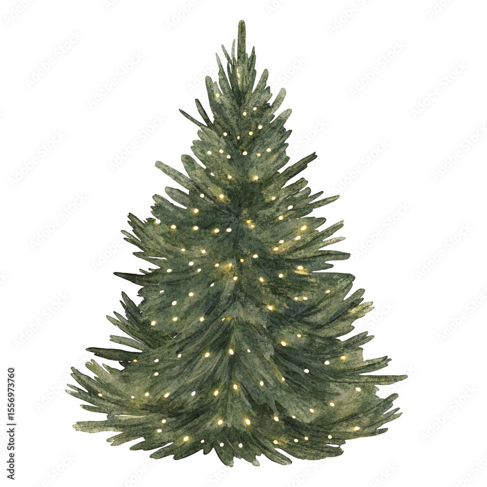 Fototapeta premium Watercolor christmas tree with lights on transparent background.
