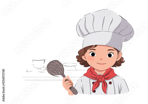 A cheerful young baker in a chef's hat holds a whisk, showcasing a baking school theme. Warm colors and a chalkboard backdrop create a welcoming, joyful image.