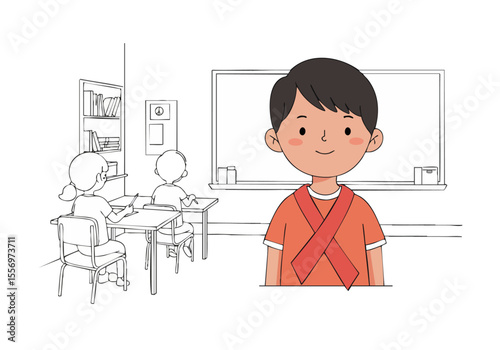 A young boy wears a ribbon, standing in front of a classroom scene. He smiles warmly, conveying hope and positivity. Clean, simple illustration style.