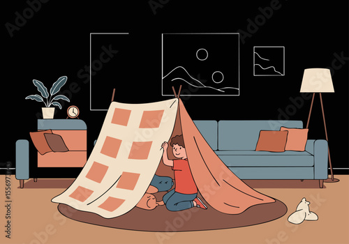 A child builds a fort with a blanket in a cozy living room. Warm colors and playful activity create a comforting scene. Ideal for family, childhood, and home themes.