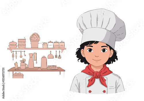 cheerful  baker in a chef's hat prepares treats A colorful baking school scene with shelves of equipment and a welcoming illustration style  Bright inviting and perfect for food-related projects
