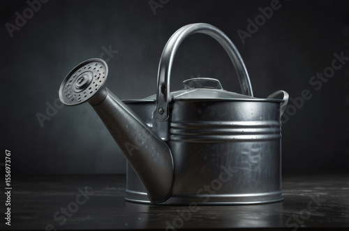 A silver metallic watering can with a finely perforated spout rests on a dark surface against a dark background