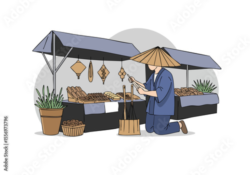 A craftsman meticulously inspects traditional Japanese sweets at a market stall. Detailed illustration with a focus on texture and color. Suitable for commercial use.