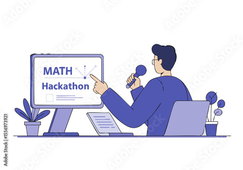 A young man presents a math hackathon on a screen, gesturing with a microphone. Modern, digital, and engaging visual for tech education.