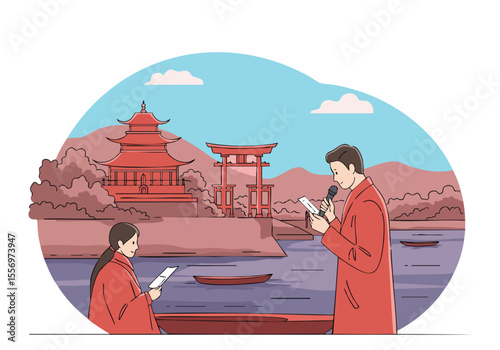 professional journalist interviews a woman in Kyoto Japan near iconic red torii gates and a traditional pagoda A serene lakeside setting captures a moment of cultural storytelling