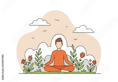 A serene man meditates outdoors amidst flowers and clouds. A peaceful, mindful scene with a soft, natural aesthetic. Ideal for wellness and lifestyle content.