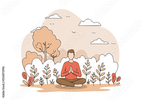 A serene man meditates outdoors amidst trees and foliage. Soft, muted colors create a calming, mindful scene. Perfect for wellness and lifestyle visuals.