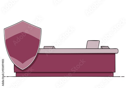 A stylized desk with an Airways shield and laptop, set against a rich burgundy background. Clean, modern illustration style. Suitable for business and travel themes.