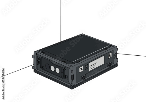 stylized illustration depicts a black rugged crate labeled with technical data hanging from a hook The crate is positioned on a gray surface with a -Retrieve Crash Data- label Clean graphic style