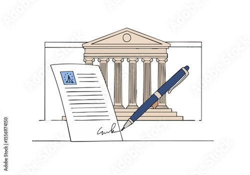 A stylized illustration depicts a citizenship suit document with a pen, set against a classical building backdrop.  Clean, modern design for business or legal themes.