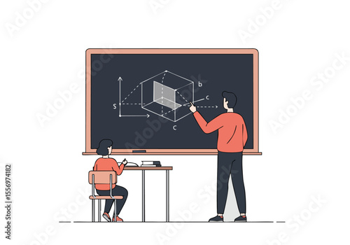 A male teacher explains a 3D cube equation to a student at a chalkboard.  Illustrative, modern, educational concept. Clear composition, bright colors.