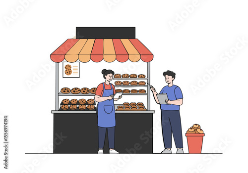 Two professionals inspect batches of cookies at a market stall. A woman reviews quality with a tablet, while a man examines the products. Bright, modern illustration.