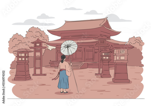 woman in traditional attire stands before a Japanese temple holding an umbrella The scene features a serene landscape with pagodas and lanterns A beautiful detailed illustration