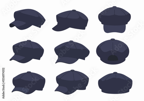 Collection of vector illustrations showing different views of a dark blue flat cap or newsboy cap isolated on a white background.