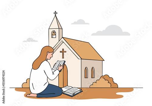 A woman kneels in prayer before a church, reading a book. A serene, symbolic image of faith and reflection. Suitable for religious and inspirational content.