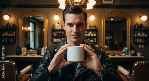 seorang pria sedang memperlihatkan pot buat pomade untuk hair styling