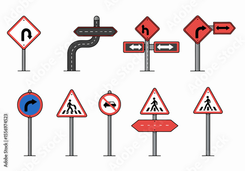 Vector illustration set of various road and traffic signs including direction, warning, and regulatory signals