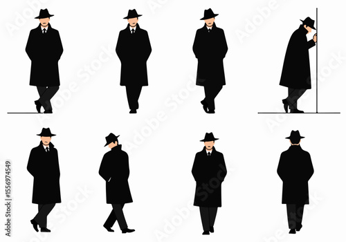 Illustration set of a man in a trench coat and fedora hat in various classic poses, evoking mystery and film noir style.