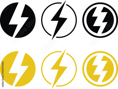 Set of six lightning bolt icons, three in black and three in yellow, each within a circle.
