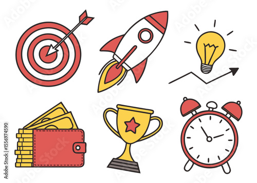 Business startup success concept with target, rocket, idea, money, trophy and time vector illustration